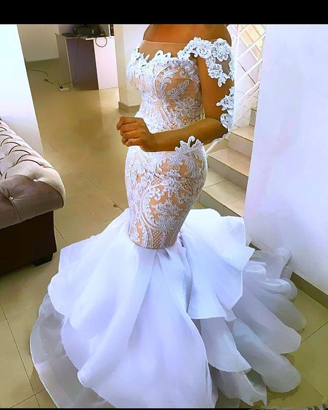 Plus Size African Mermaid Wedding Dresses 2020 Modern Cascading Ruffles Tiered Skirt Lace Long Sleeve Aso Ebi Bride Wedding Gown