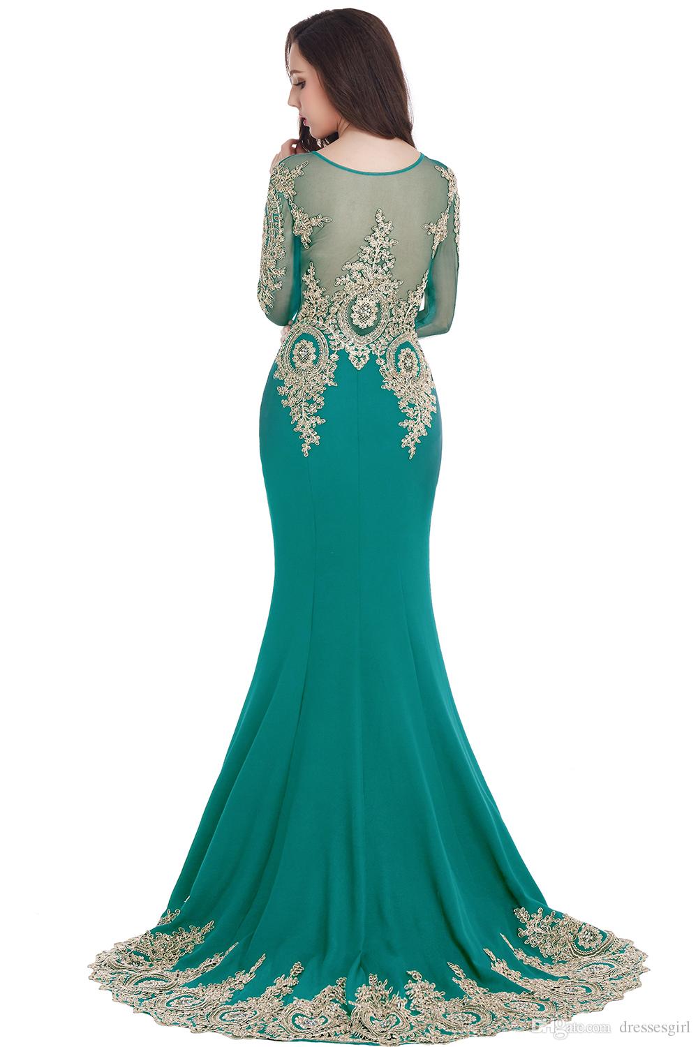 Babyonlinedress Luxury Beads Gold Lace Mermaid Evening Dresses Long Sexy Illusion Back Long Sleeve Prom Party Gowns Charming Evening Gowns