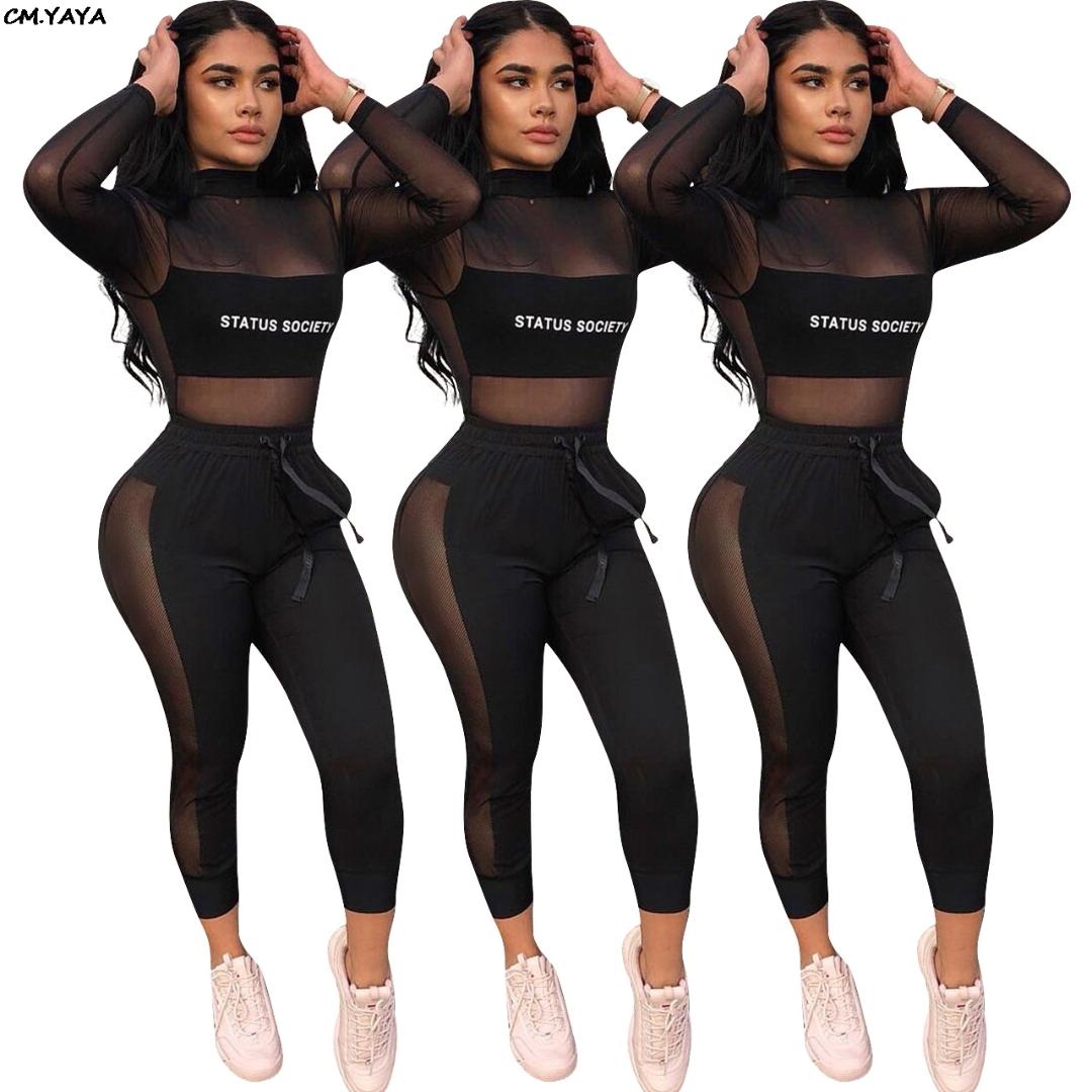 2019 new women spring long sleeve mesh patchwork letter print pencil pants two piece set sporty tracksuit outfit overalls Y8035