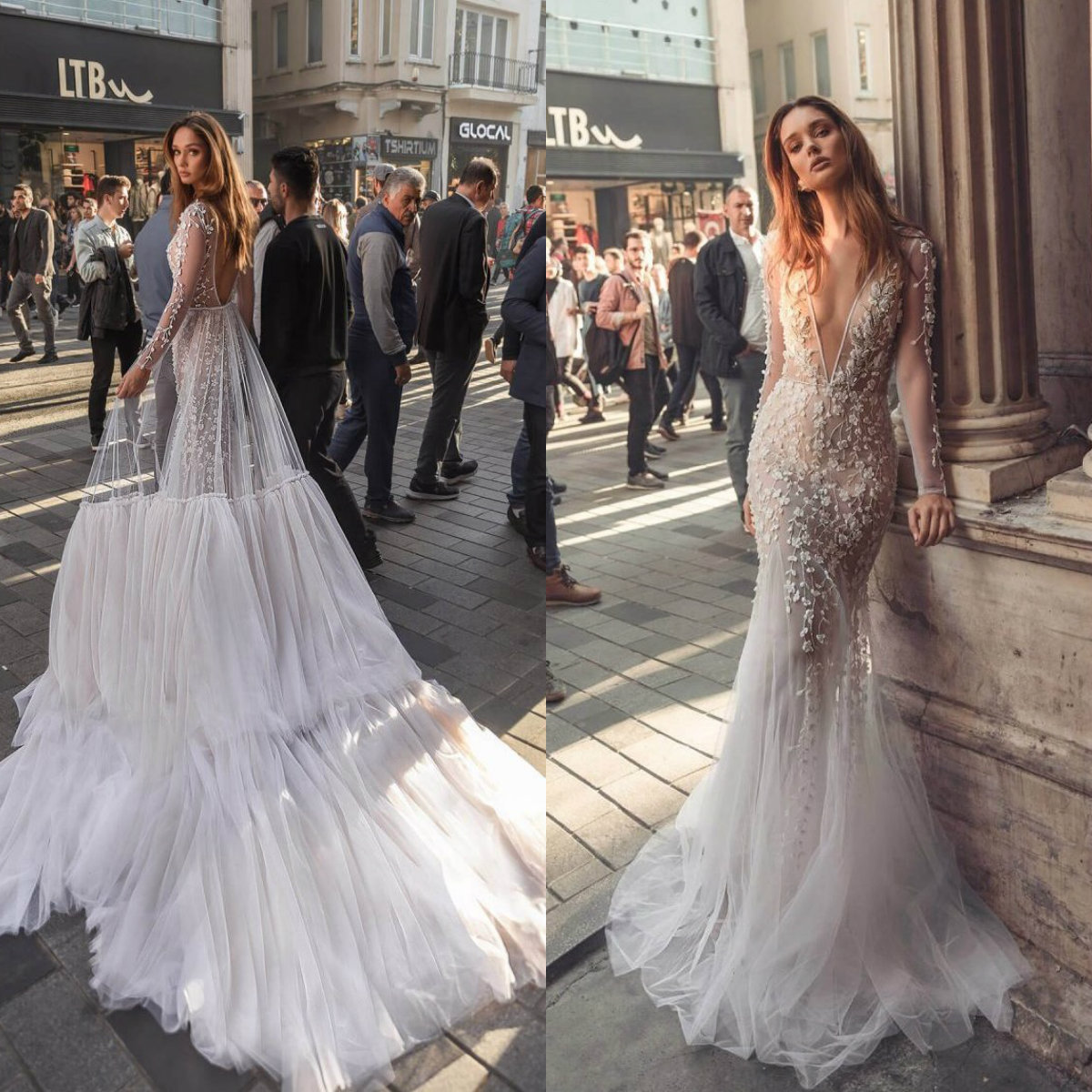 long sleeve mermaid dresses with detachable train lace appliqued beach wedding gowns backless deep v neck robes de marie