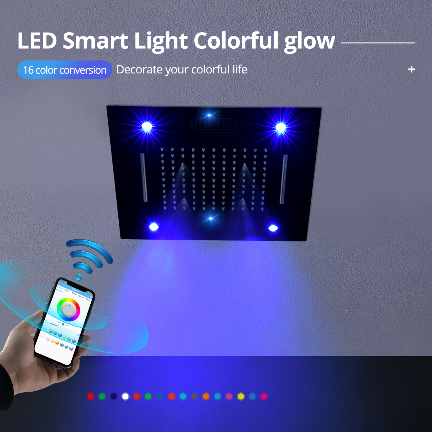 Newly Bluetooth Music Shower Faucet Bathroom Ceiling LED ShowerHead 16inch 304 Stainless Steel Bath Waterfall Rainfall System Panel