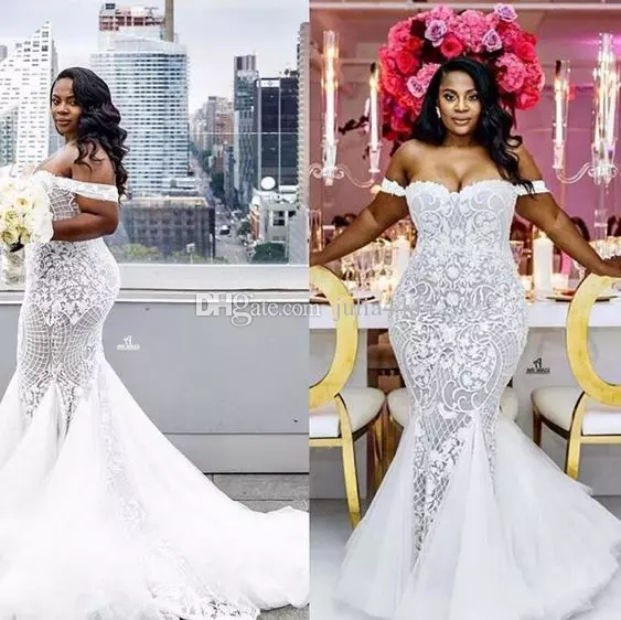 mermaid dresses modest plus size off shoulder trumpet bridal gowns sweep train tulle lace african wedding dress custom made