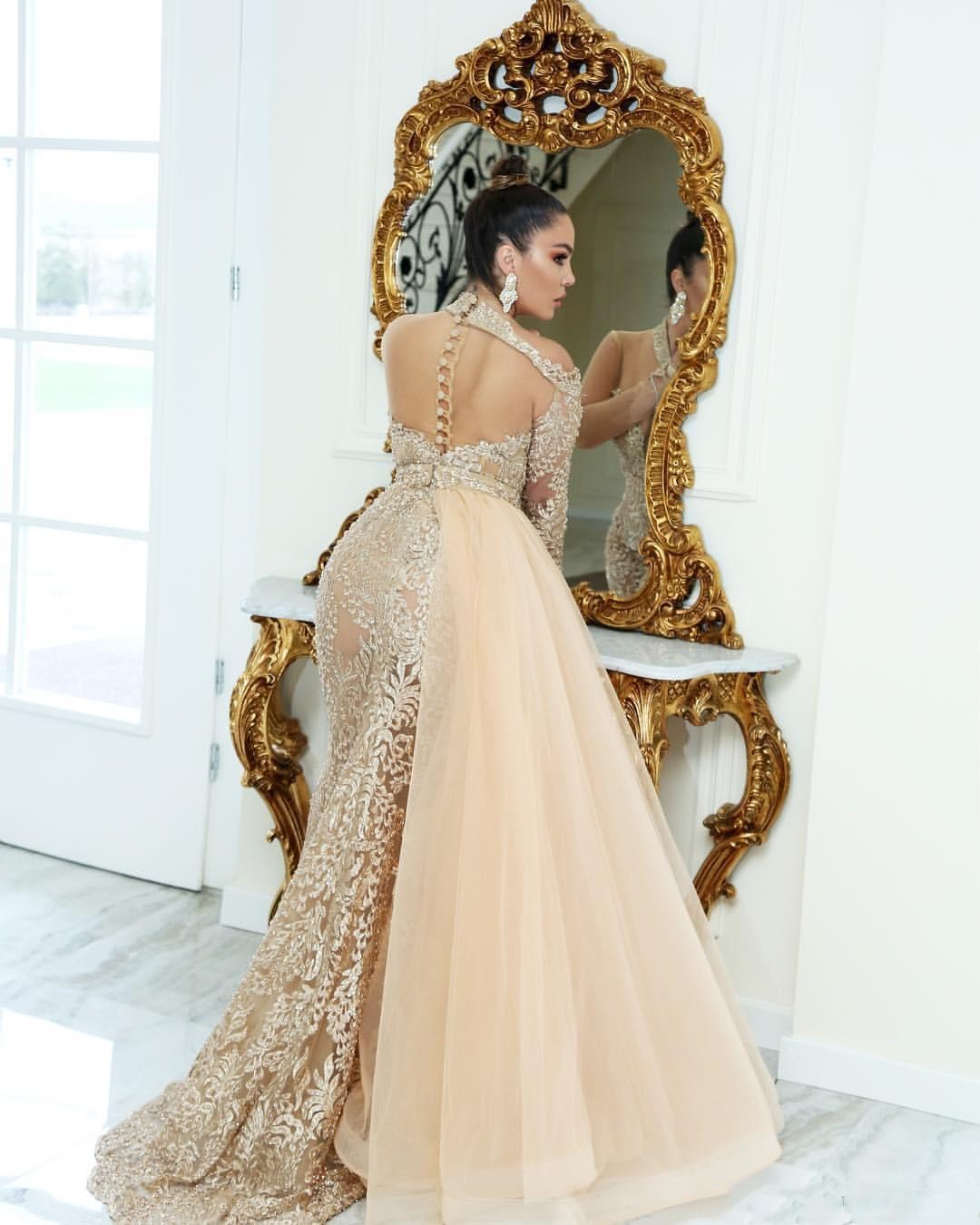 Arabic Illusion Mermaid Evening Dresses with Detachable Train Lace Long Sleeves Formal Prom Gowns Buttons Back