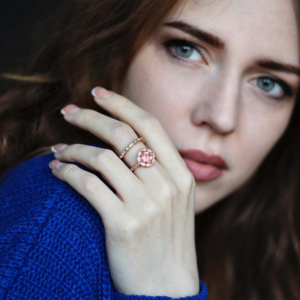 UMCHO 925 Sterling Silver Ring Set Female Morganite Engagement Wedding Band Bridal Vintage Stacking Rings For Women Fine Jewelry CJ191210
