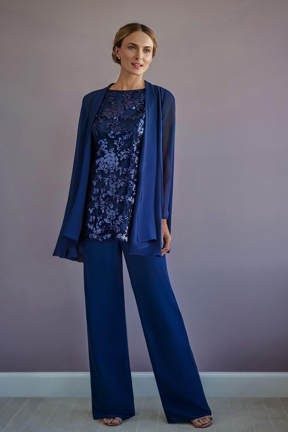 Amazing Royal Blue Mother of the Bride Groom Pants Suit Three Pieces Sequins Lace Chiffon with Jacket Long Evening Formal Gowns Cheap