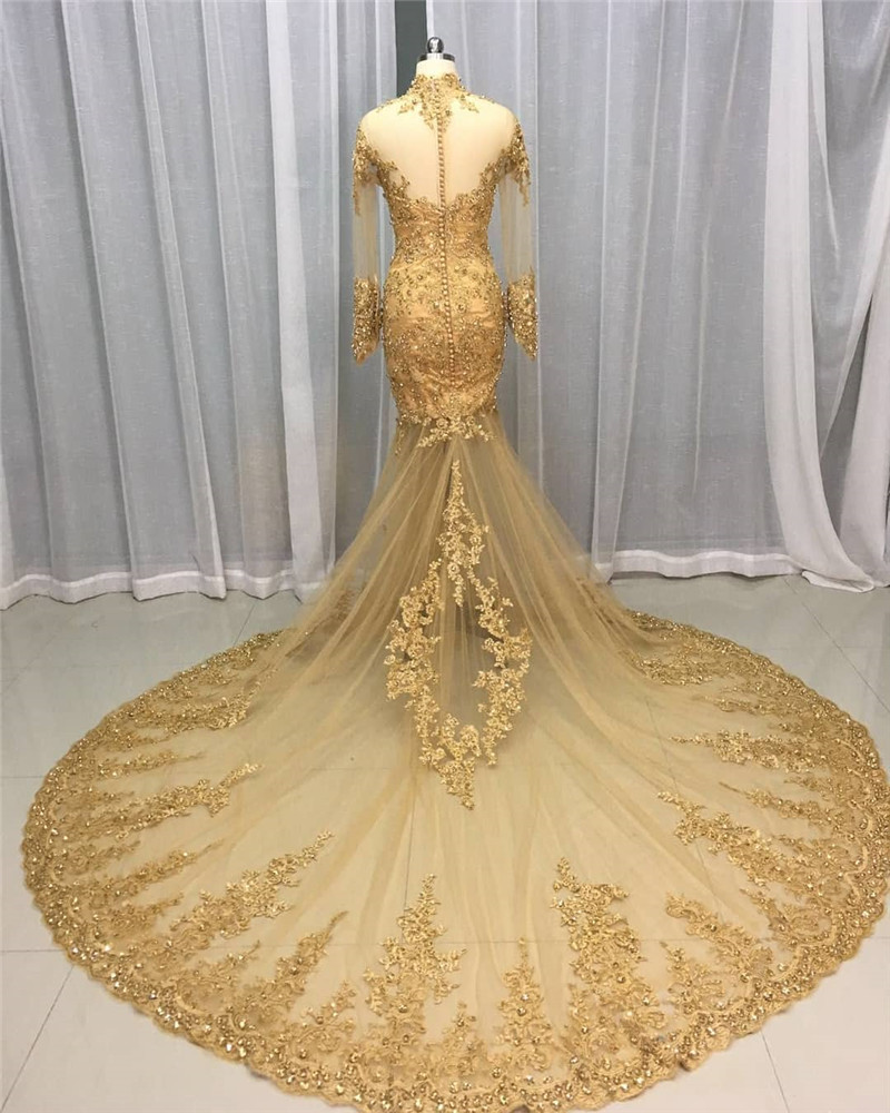 Sexy Gold Lace Mermaid Prom Dresses 2020 High Neck Long Sleeves Sequined Beaded Plus Size African Arabic Girls Pageant Formal Evening Gowns