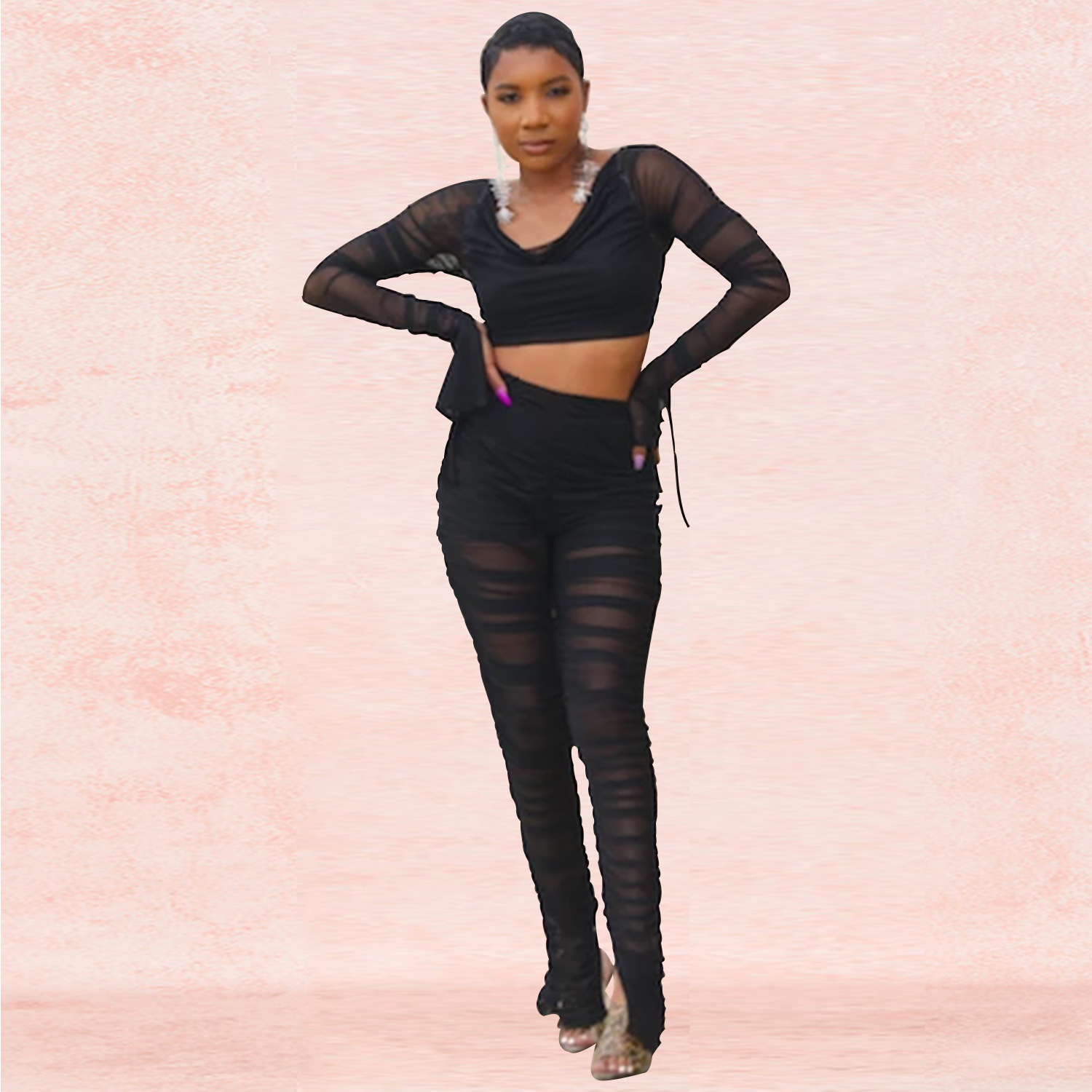Spot Pants European and American trend solid color casual tube top sexy mesh perspective trousers suit