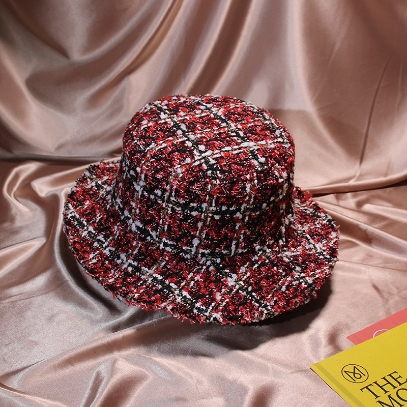 Autumn Winter Women Tweed Hats Bucket Hat Caps Chic Plaid 5 Colors Fisherman Panama Knitted Bucket Hat T200116