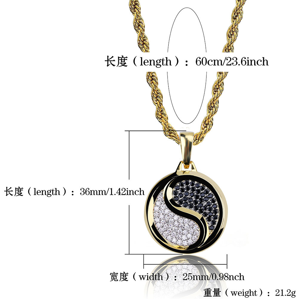 New Fashion 18K Gold and White Gold Plated Tai Chi Symbol Round Pendant Chain Necklace Iced Out CZ Zirconia Jewelry Gifts for Men and Women