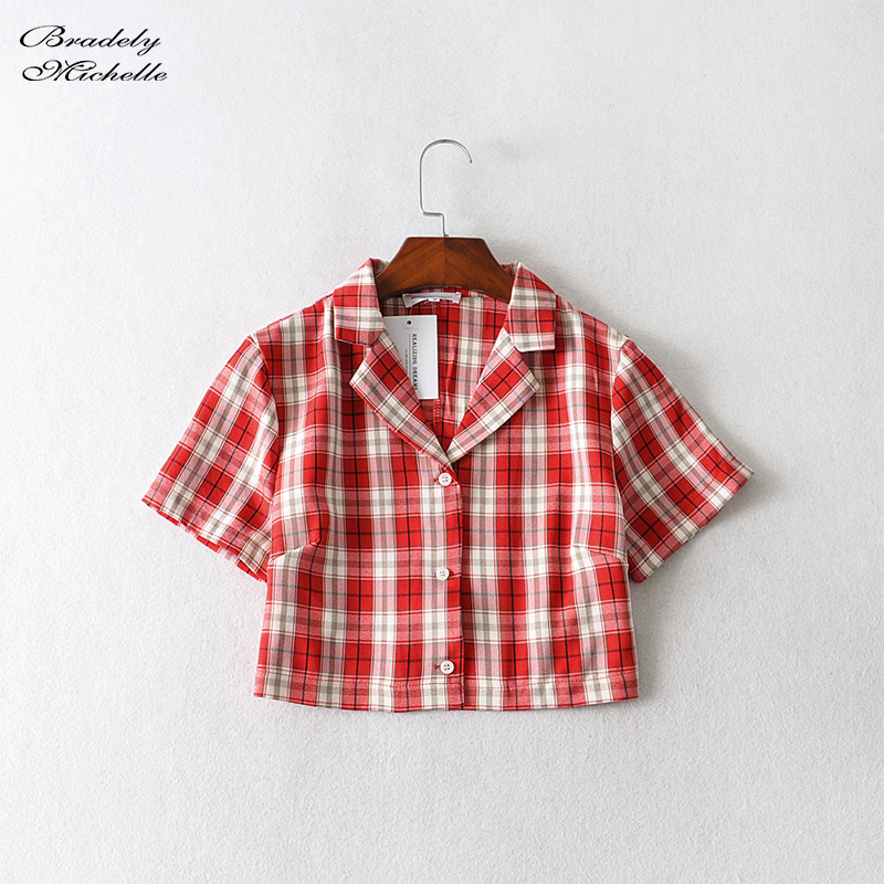 Summer Women Vintage Elegant Button Up Crop tops shortsleeve Turndown Collar Blue Crop tops shirt