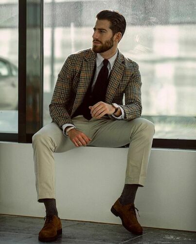 Plaid Men Wedding Suits British Style Windowpane Two Button Notched Lapel Tuxedos Formal Work Prom Party Blazer Jacket(Jacket+Pants)