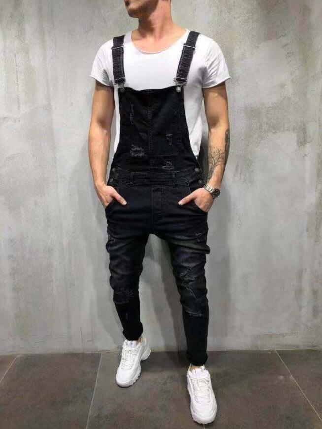Fashion Mens Ripped Jeans Jumpsuits Hole Denim Bib Overalls For Man Designer Bike Jean Free Shipping