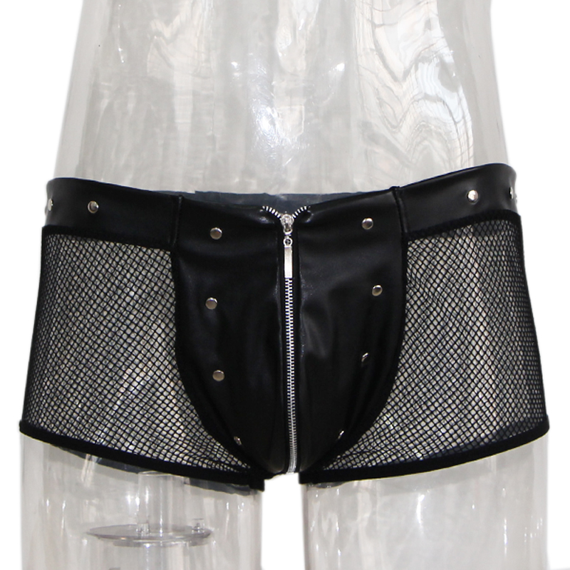 Men Leather Fishnet Patchwork Boxer Shorts Cueca Underwear Male Gay Hollow Out Net Leather Sexy Trunks Boxers Panties Underpants
