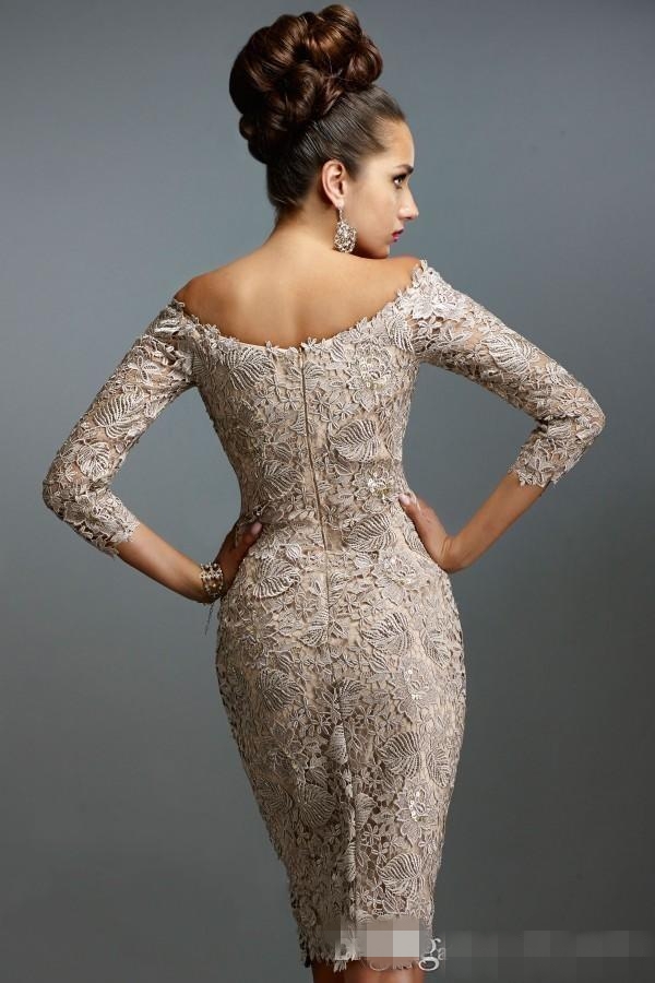 Elegant Champagne Lace Mother Of Bridal Dress Off The Shoulder 3/4 Long Sleeves Mermaid Sheath Knee Length Short Evening Formmal Gown Lz0304