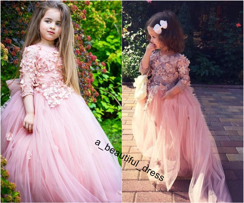 Long Sleeve Flower Girl Dresses For Weddings 3D Floral Appliqued Beads Little Baby Ball Gowns Puffy Skirts Communion Pageant Dress FG1290
