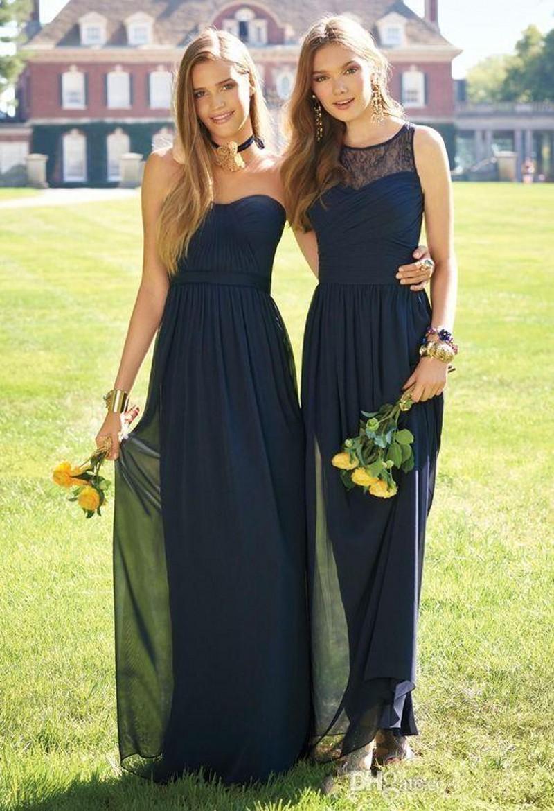2019 New 2016 Pink Navy Cheap Long Bridesmaid Dresses Mixed Neckline Flow Chiffon Summer Blush Bridesmaid Formal Prom Party Dresses with Ruf