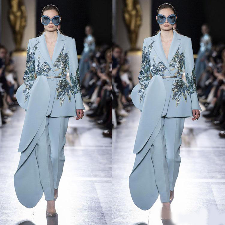 Elie Saab 2 Pieces Evening Dresses V Neck Shiny Applique Pants Suits Prom Dresses Formal Girls Party Red Carpet Runway Fashion Gowns