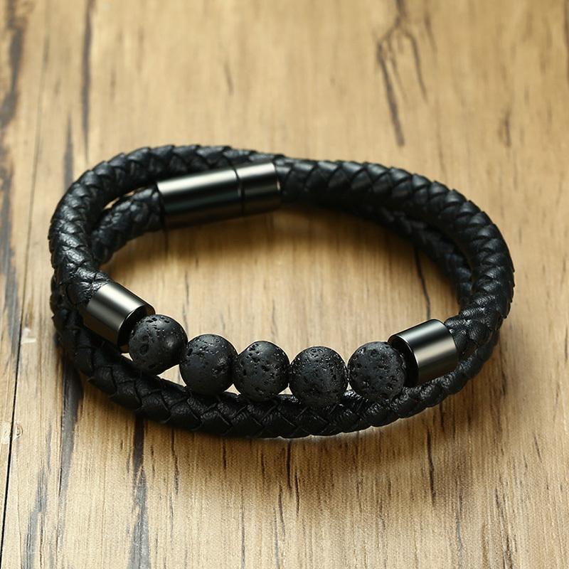 Black Braided Microfiber Leather Charm Bracelet Natural Lava Stone Beaded Bracelet Men Health Magnet Buckle Jewelry7441242
