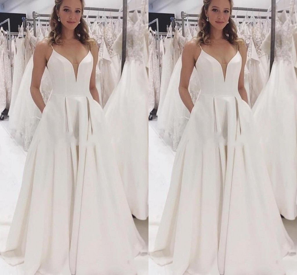 Modest Simple Cheap Sexy Plus Size A Line Dresses Spaghetti Straps Pleats V Neck Floor Length Wedding Dress Bridal Gowns Vestidos