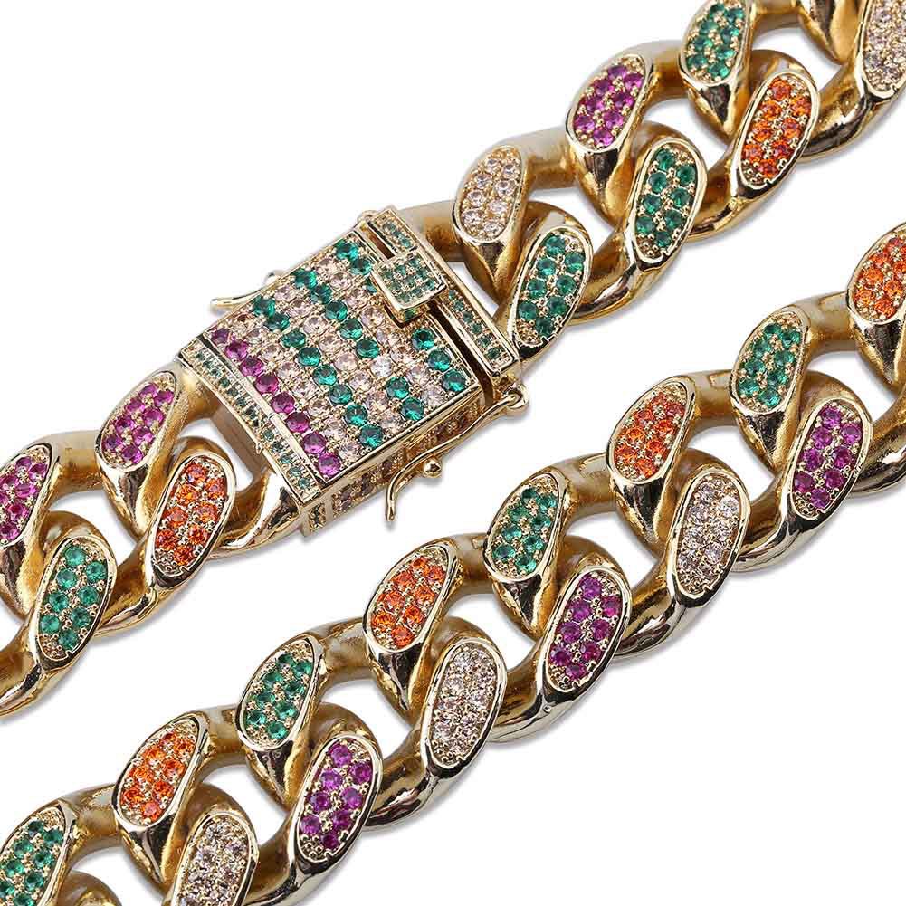 18K Gold Mens Hip Hop Cuban Link Chain Necklace 18mm Full Diamond Multicolor Iced Out Miami Rock Choker Rapper Curb Chains Jewelry Gifts for Boys Whol