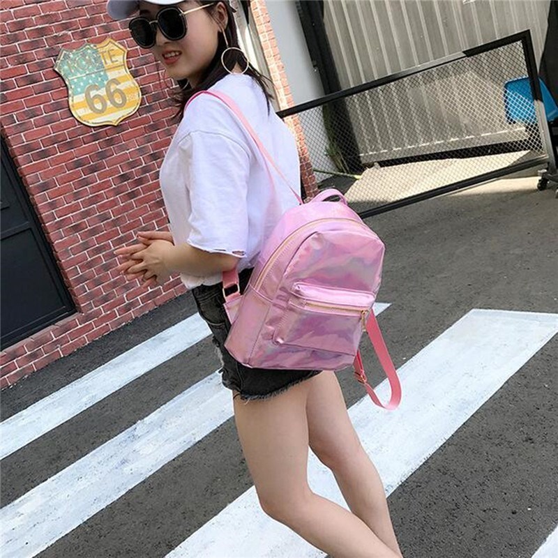 AEQUEEN Silver Hologram Laser Bagpack Women Pink Holographic Backpack Leather Samll Travel School Bag Rucksacks For Teenage Girl Y18110202
