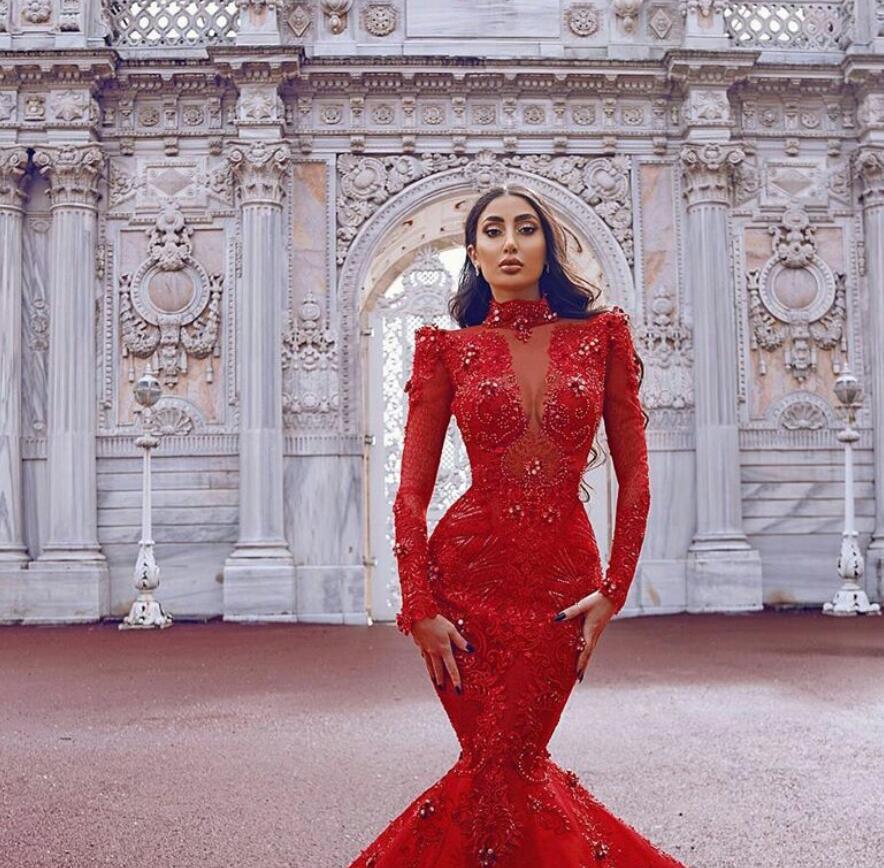 2020 Red Mermaid Wedding Dresses High Neck Lace 3D Floral Appliques Long Sleeve Wedding Dress Sweep Train Crystal Robes De Mariée
