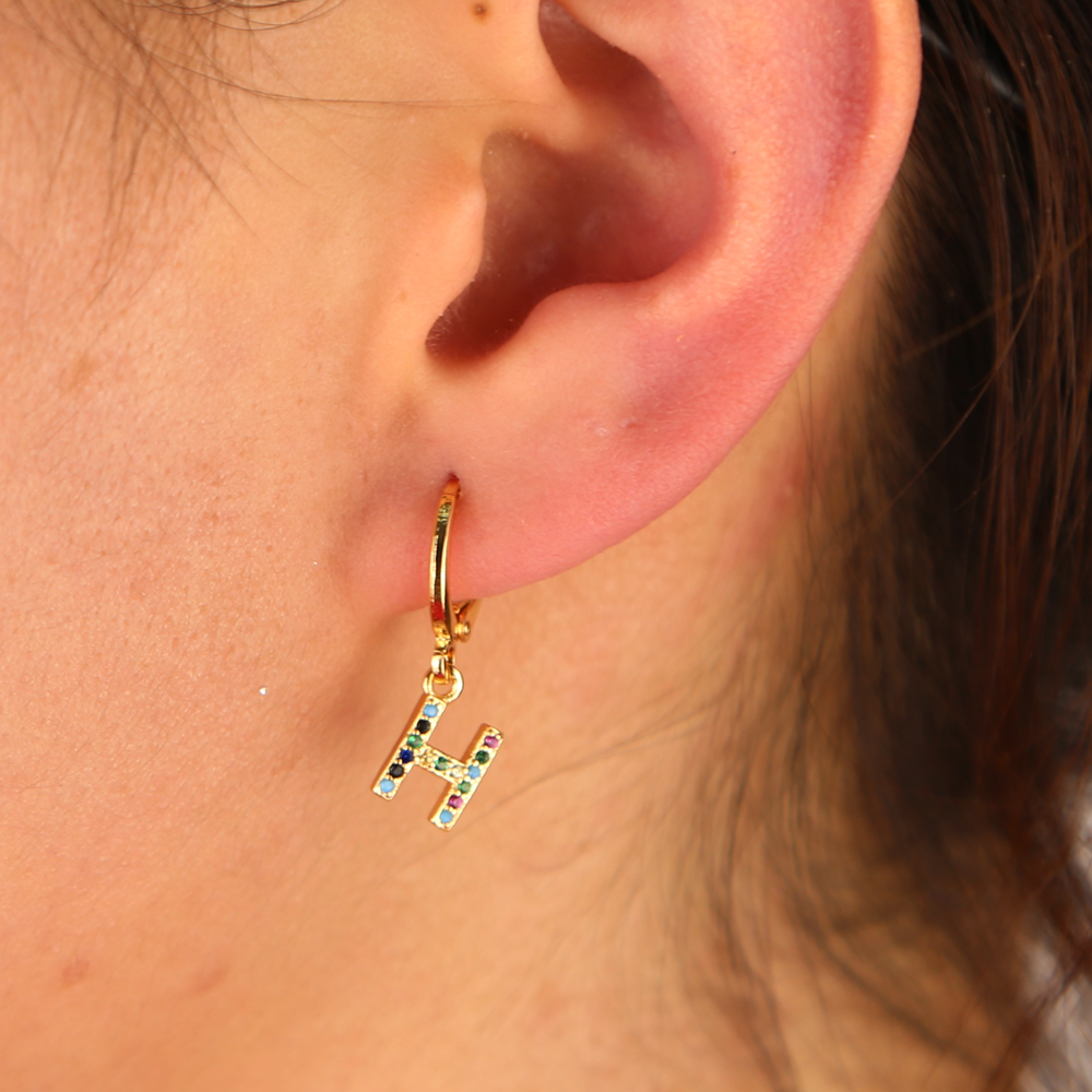 26 Initial dangle earring colorful cz paved Alphabet charms simple customize name letter jewelry