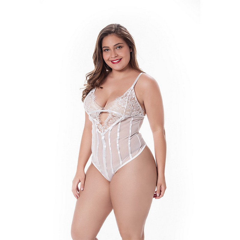Striped Panels Lace and Mesh Teddy Sexy Lace cups Bodysuit Plus Size S-3XL Back Key-hole Details Black White Underwear Lingerie