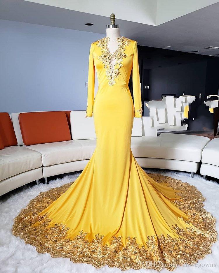 Gold Lace Mermaid Prom Dresses Long Sleeve V Neck Black Girls Formal Dress Party Gowns