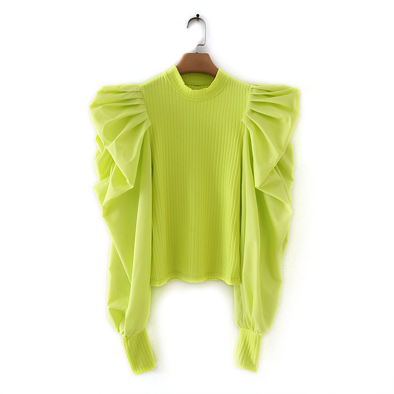 Chic Women Pullover Sweater Autumn 2019 New Fashion Puff Sleeve Stretch Knit Body Patched Poplin Sleeve Modern Lady Ruffles Tops T191230