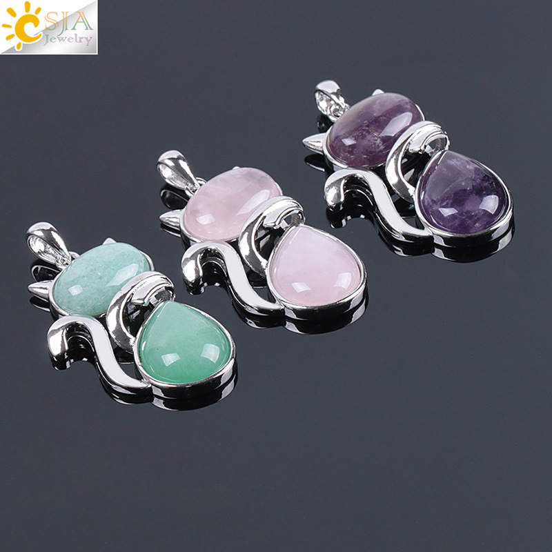 Natural Stone Necklaces Pendants for Women Girl Cute Cat Shape Rock Pink Quartz Black Onyx Beads Chain Reiki Jewelry