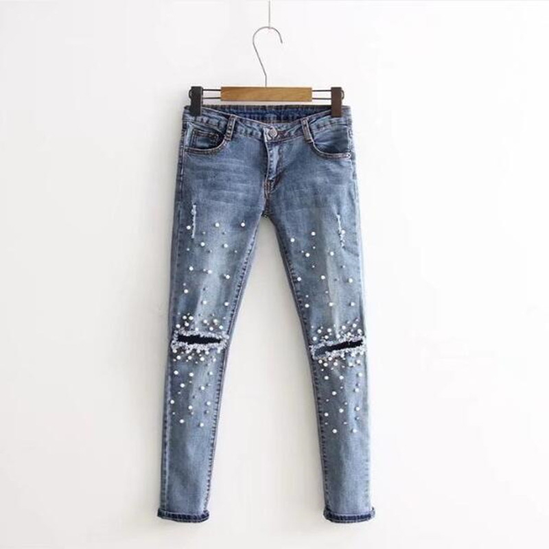Fashion Light Blue Scratched Hole Jeans Woman Tight Trousers Pearl Decoration Retro Jeans For Women's Clothing