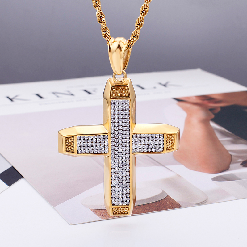 Men's Hip Hop Cross Pendants Necklace 316L Stainless Steel Full Cubic Zirconia Setting 18K Gold Plated Jewelry