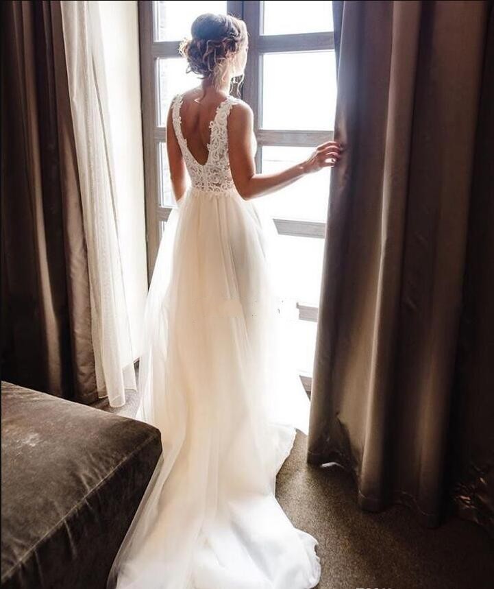 2020 Country Wedding Dresses V Neck Backless Sweep Train Appliques Beads Garden Beach Boho Bridal Gowns vestidos de novia Plus Size