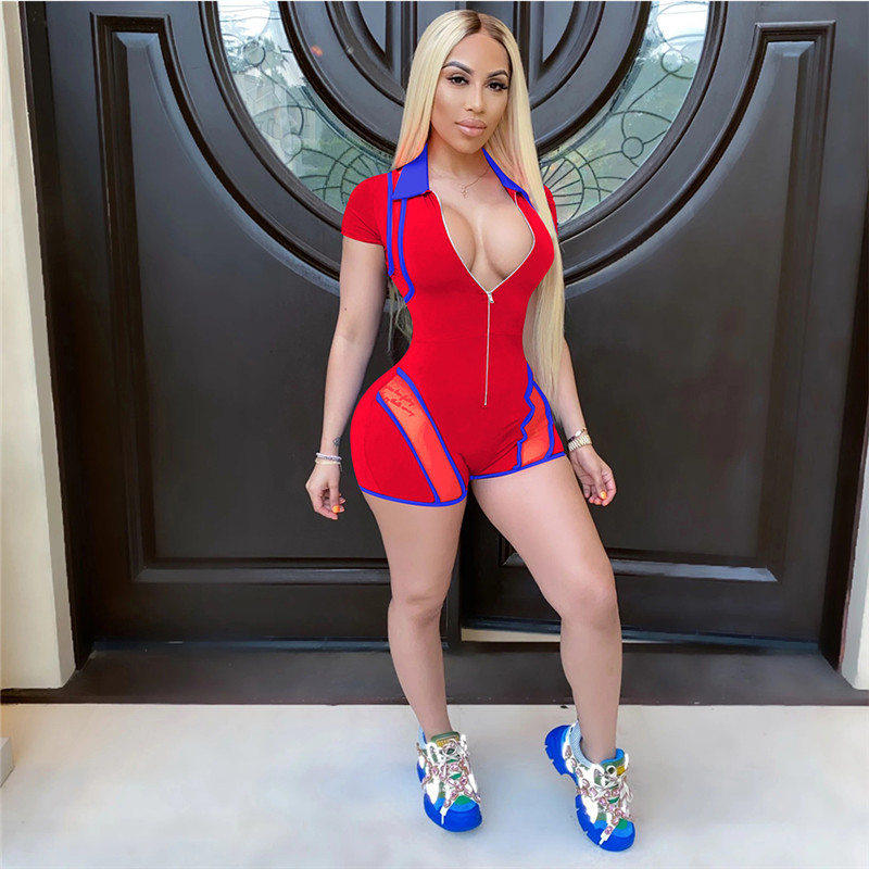 New Plus size 2X Summer Women solid color shorts Jumpsuits fashion short sleeve bodysuits Casual mesh panelled Overalls night club wear 3185