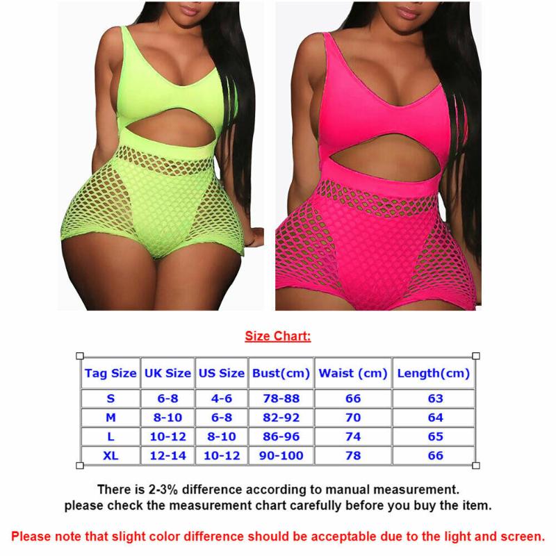 2 Pieces Women Fishnet Sheer Mesh Playsuit Bodysuit Romper Set Sleeveless Front Hole Backless Top Tank+ Shorts Sets B1