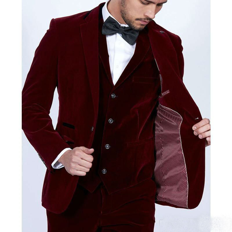 2019 Burgundy Velvet Mens Suits Three Pieces Custom Made Slim Fit Groom Prom Party Tuxedos(Jacket+Pants)