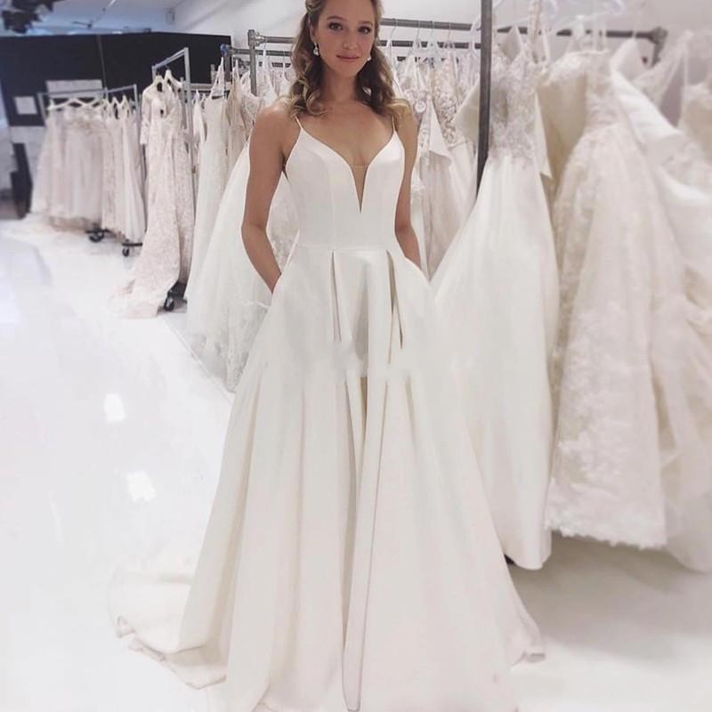 Modest Simple Cheap Sexy Plus Size A Line Dresses Spaghetti Straps Pleats V Neck Floor Length Wedding Dress Bridal Gowns Vestidos