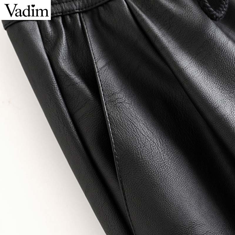 Women's Chic PU Leather Pants Elastic Waist Drawstring Tie Pockets | Solid Basic Trousers