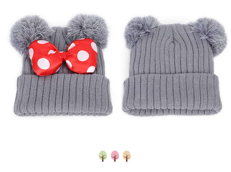 2020 4 Colors Baby Pom Pom Beanie Cap Toddler Kids Baby Girls Winter Warm Crochet Knitted Hat Double Fur Ball Dot Bow Printed Bow Hats M748