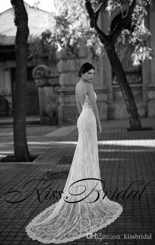 Full Sexy White Sheath Wedding Dresses Sweep Train Lace Illusion Gowns Spaghetti Straps Vintage Arabic Gali Karten Bridal