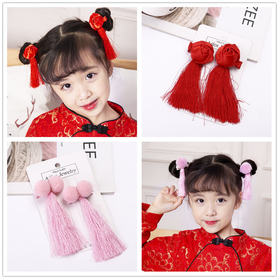 Chinese Style New Year Tassel Handmade Flower Hair Clips Hair Accessories For Children Girls Kids Hairpins Barrettes Headwear