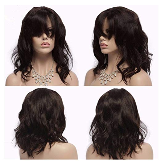 Short wavy bob human hair bang wigs lace front brazilian remy wig for black women 130% on sale diva1 natural