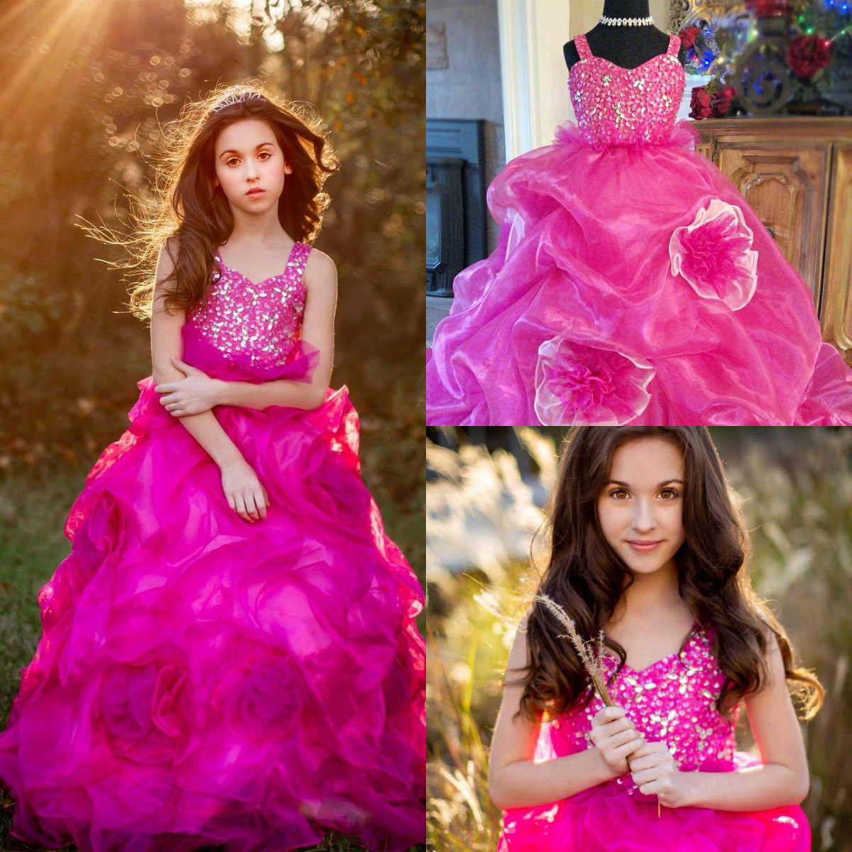2019 Fuchsia Girls Pageant Dresses V Neck Lace Beaded Crystal Ruffles Tiered Skirts Flower Girls Dress Modest A Line Kids Party Gowns