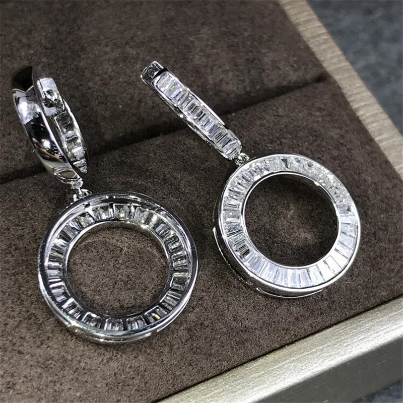 Fine Vintage Fashion Jewelry Sterling Sier Princess Cut White Topaz CZ Dia Circle Women Wedding Bridal Clip Dangle Earring