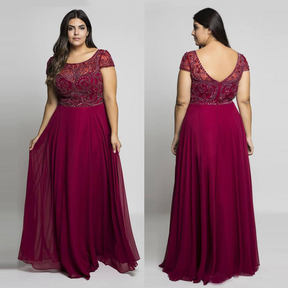 Burgundy Plus Size Prom Dresses Sheer Jewel Neck Chiffon Backless Evening Gowns A-Line Floor Length Long Beaded Formal Dress