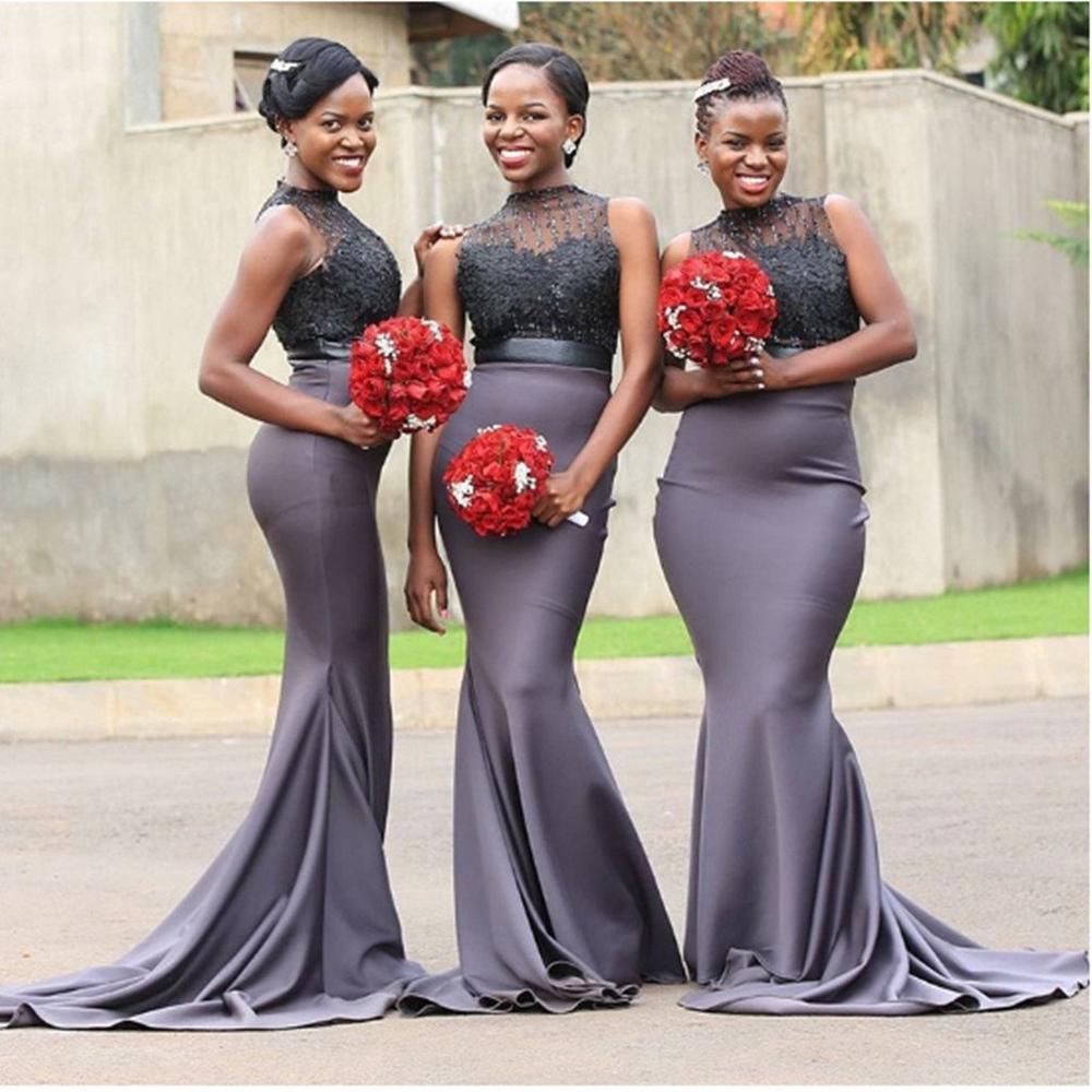Black Fashion Girl Mermaid Bridesmaid Dresses Beaded Jewel Neck Lace Wedding Guest Dress Appliqued Sweep Train Plus Size Maid Of Honor Gowns