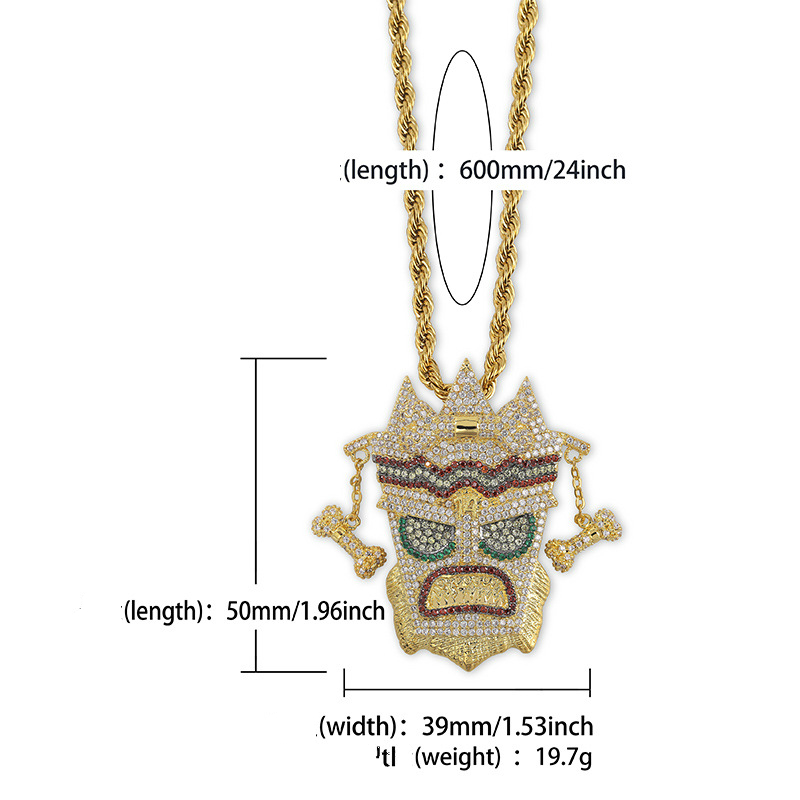New fashion 18K Gold Multicolor Cubic Zirconia Indian style personalized Uka Mask Hip Hop Necklace Indian Man Wizard Shaped Jewelry for Men