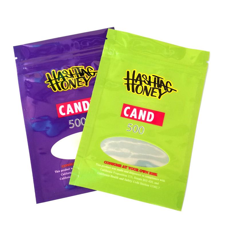 Hashtag honey Bag Packaging 500mg Smell Proof Zipper mylar Bags Purple Green 2 Colors DHL Free