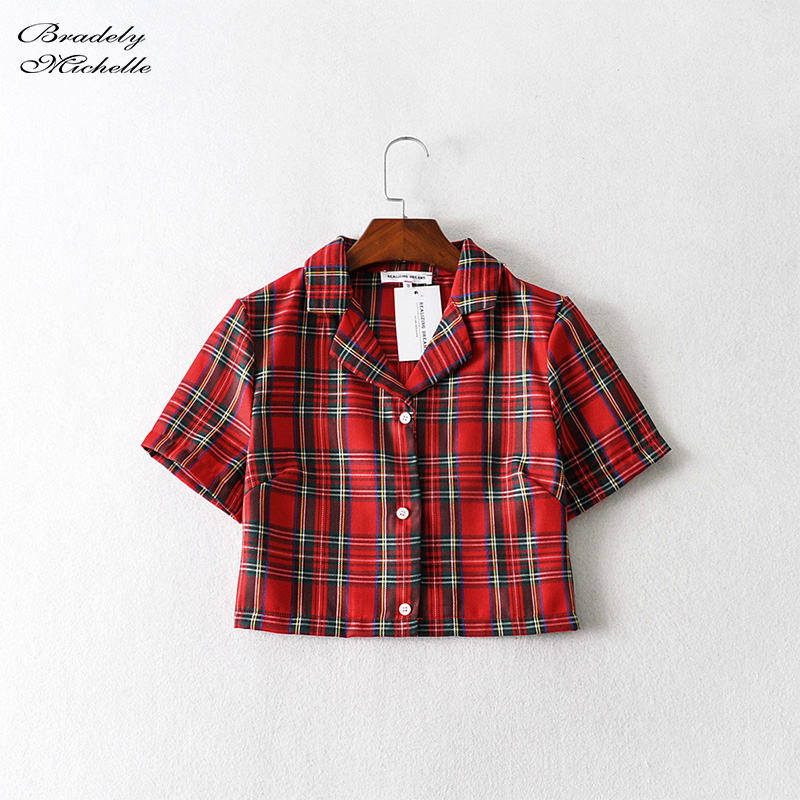 Summer Women Vintage Elegant Button Up Crop tops shortsleeve Turndown Collar Blue Crop tops shirt